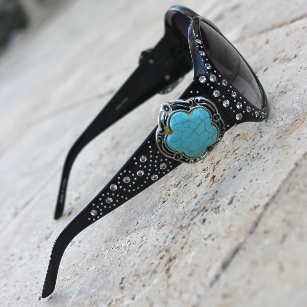 Montana West Sunglasses in Black w/Turquoise Flower Concho Accents - Picture 8 of 15